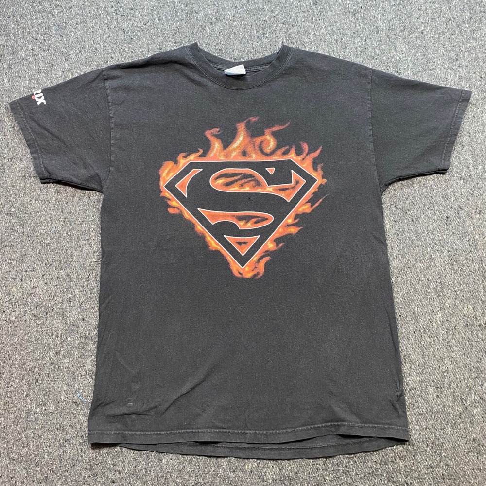 Superman Fire Logo Sz L‎ Mens Black TShirt Skater Grunge Citrix Promo VOS